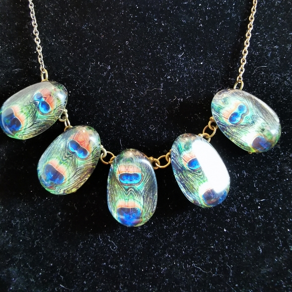 Antiqued Bronze Tone Chunky Peacock Feather Necklace - Picture 5 of 16